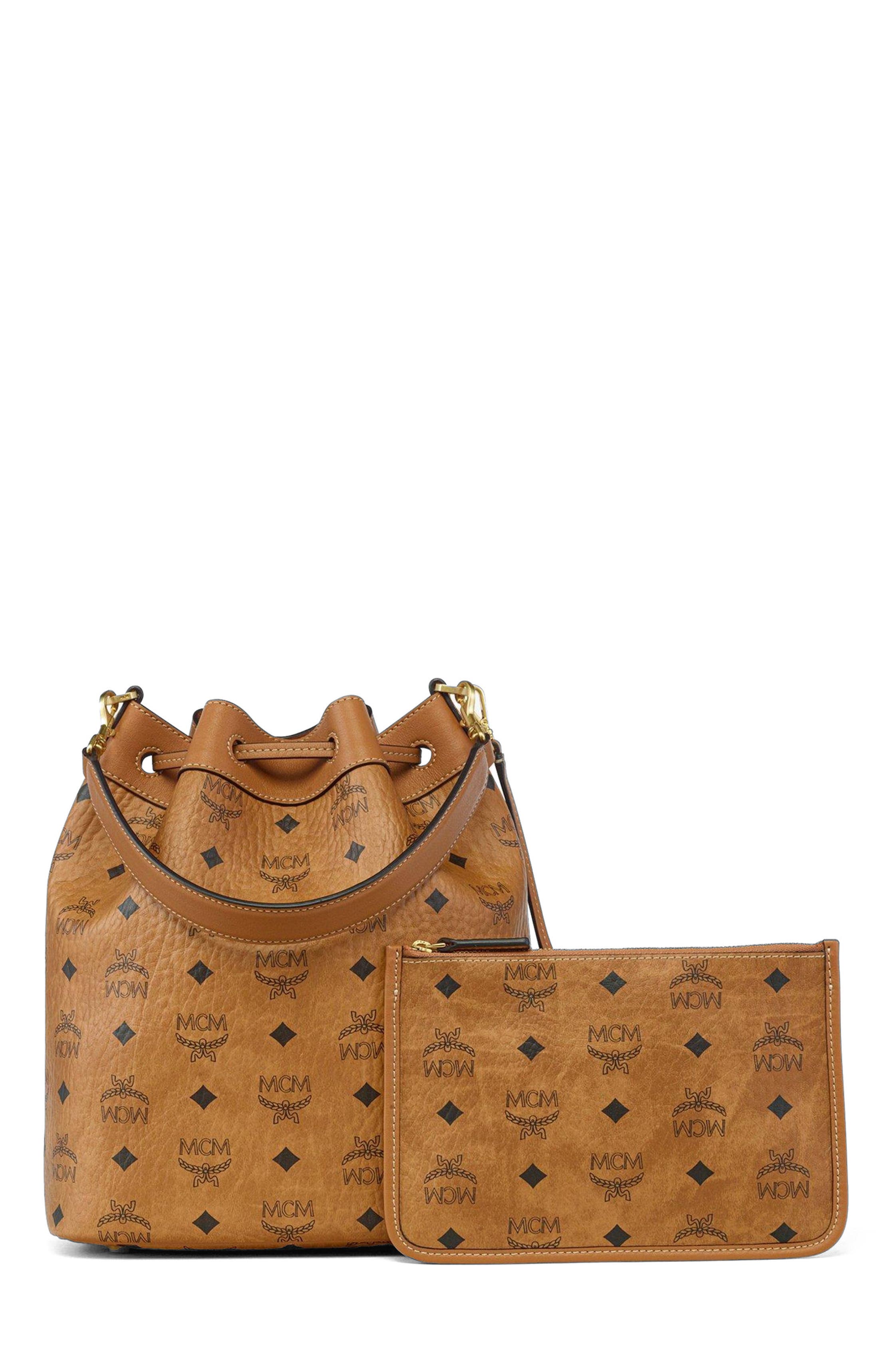 MCM Dessau Drawstring Bag in Visetos, Alternate, color, Cognac