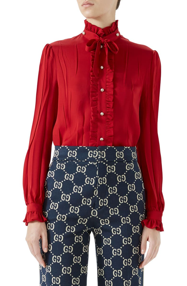 Gucci Tie Neck Ruffle Detail Silk Blouse, Main, color, 