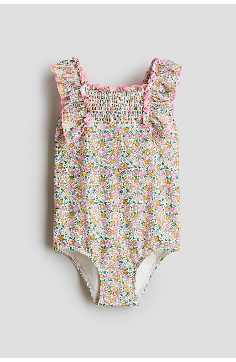 H&M Frill-trimmed Swimsuit, Main, color, Yellow/Floral