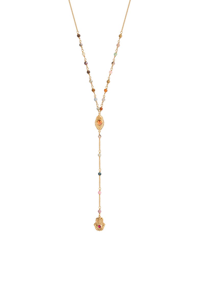 Benevolent Spirit - Tourmaline Evil Eye Hamsa Lariat Necklace, Main, color, Gold