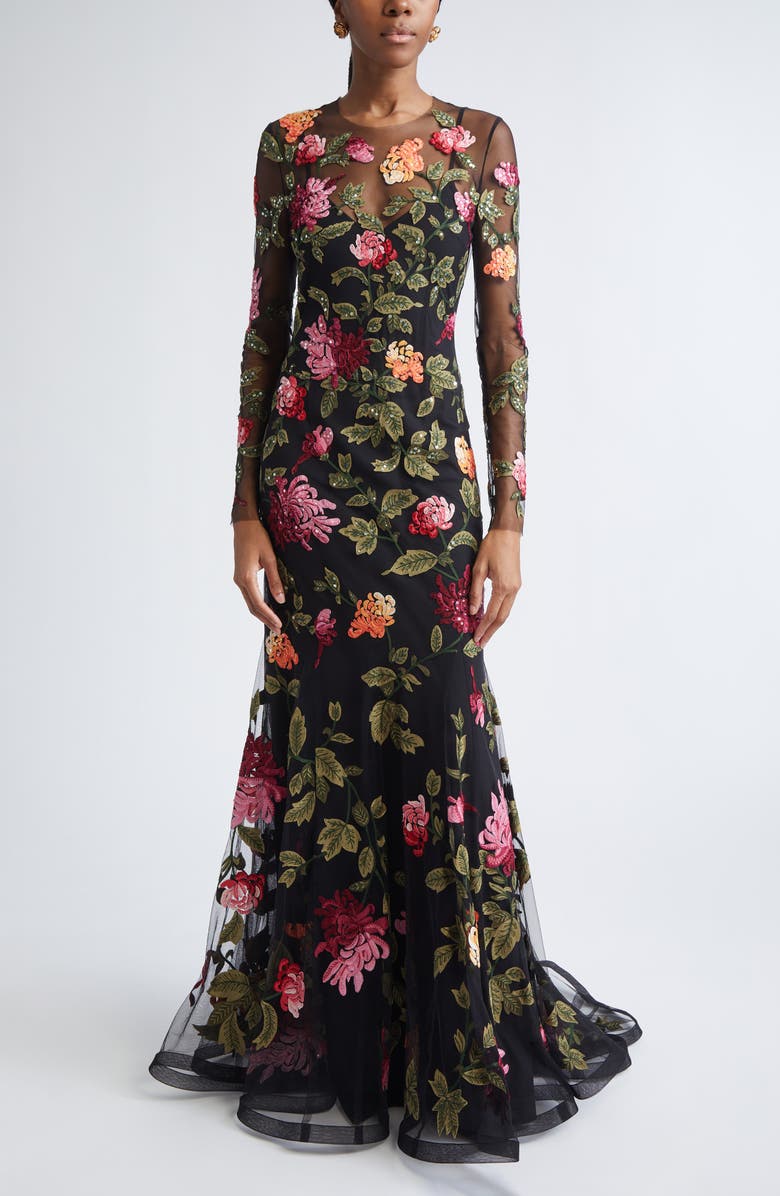 Carolina Herrera Chrysanthemum Embroidered Long Sleeve Tulle Trumpet Gown, Main, color, Black Multi