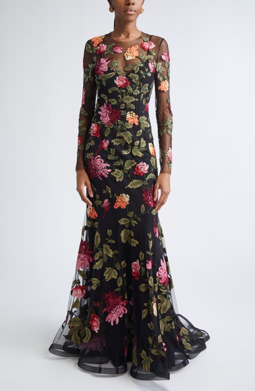 Carolina Herrera Chrysanthemum Embroidered Long Sleeve Tulle Trumpet Gown In Multi