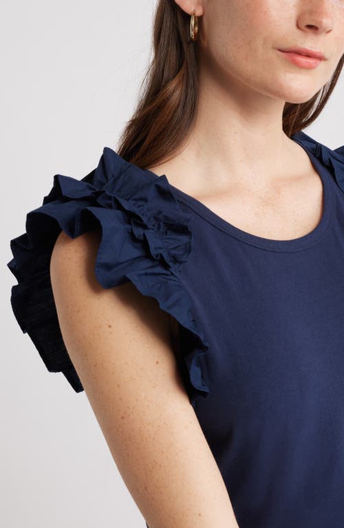 Caslonr Caslon(r) Ruffle Tie Waist Mixed Media Dress In Navy Blazer