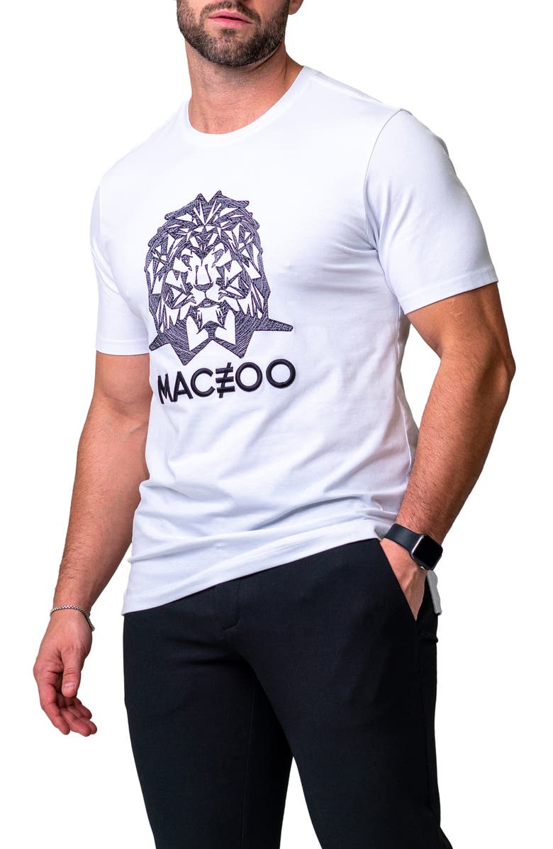 Maceoo Mightymane White Embroidered Logo Stretch Cotton Graphic T-Shirt, Alternate, color, White