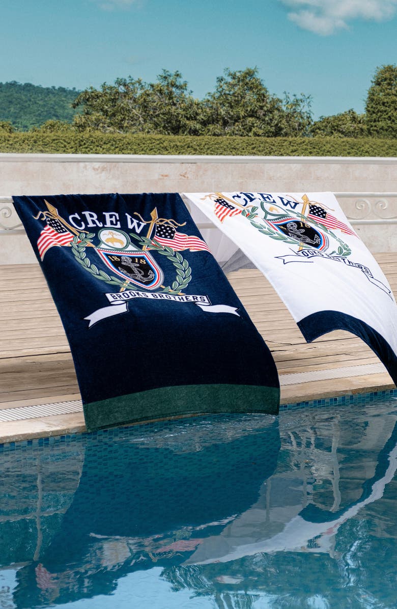 Brooks Brothers Logo Crest Cotton Beach Towel, Alternate, color, Navy