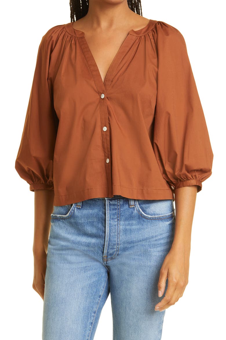 New Dill Stretch Cotton Button-Up Blouse, Main, color, TAN