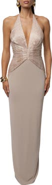 JLUXLABEL Enchanted Plunge Neck Mixed Media Gown