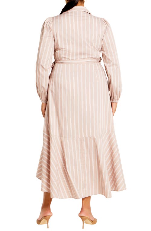 City Chic Brynn Stripe Faux Wrap High Low Dress In Brown