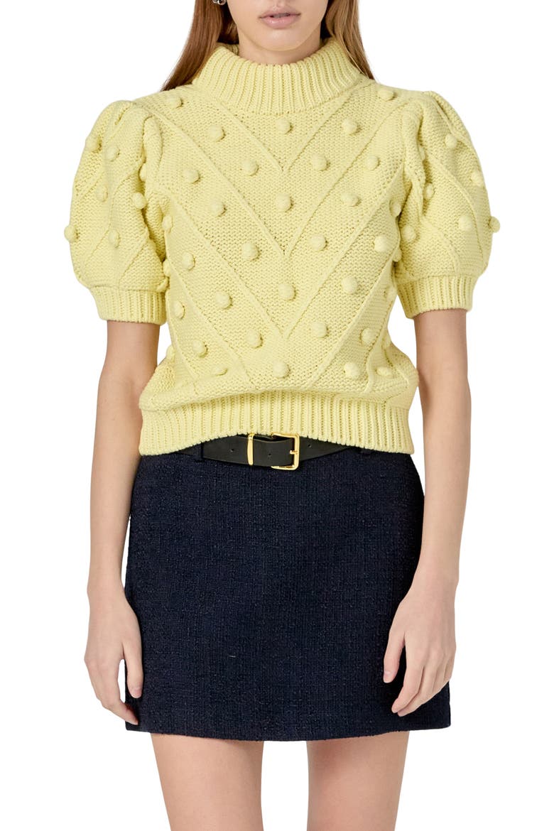 Pompom Puff Sleeve Sweater, Main, color, BUTTER YELLOW