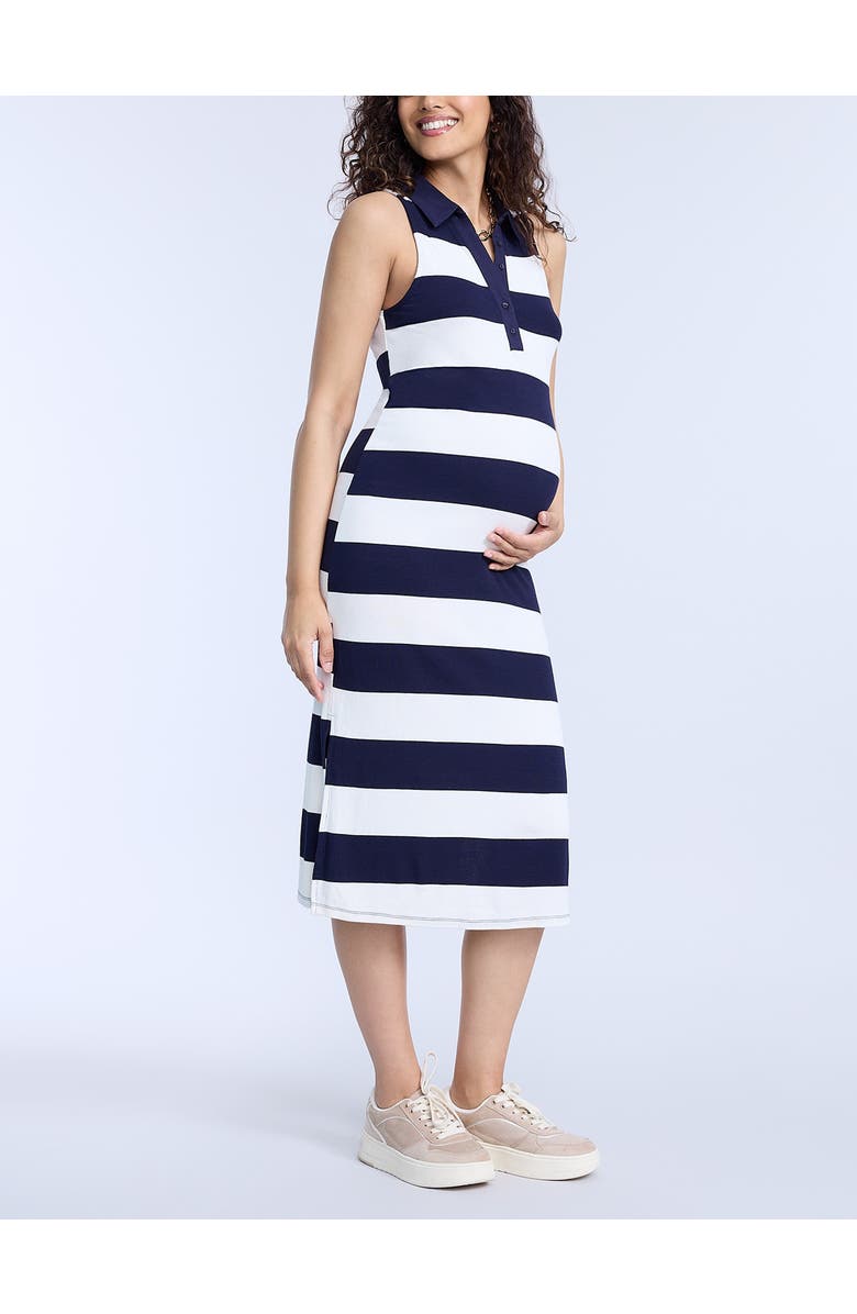 MOTHERHOOD MATERNITY Collared Sleeveless Polo Midi Dress, Alternate, color, Navy & White Stripe