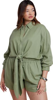 ELOQUII Waist Tie Linen Button Up Shirt