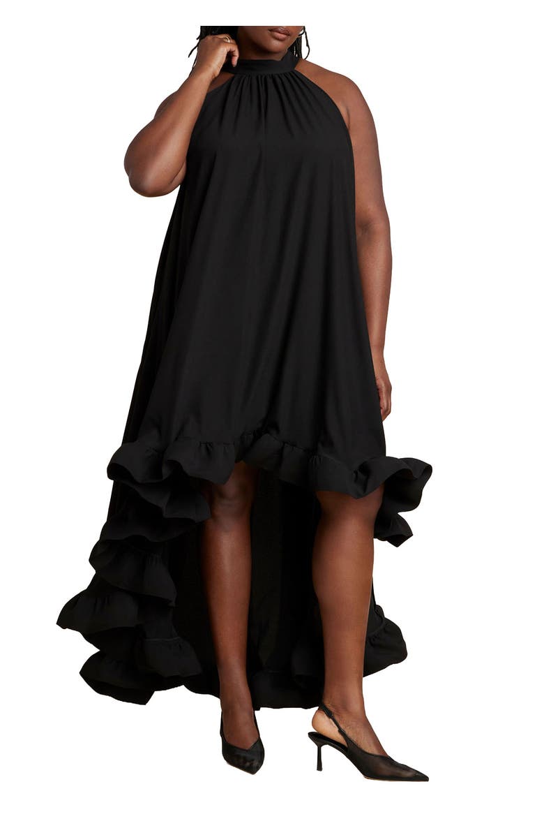 ELOQUII High Low Dramatic Ruffle Detail Dress, Main, color, Black Onyx