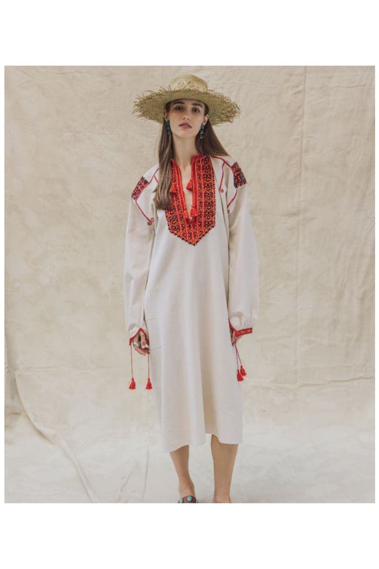 Afra Embroidered Cotton Caftan Dress, Alternate, color, Ecru