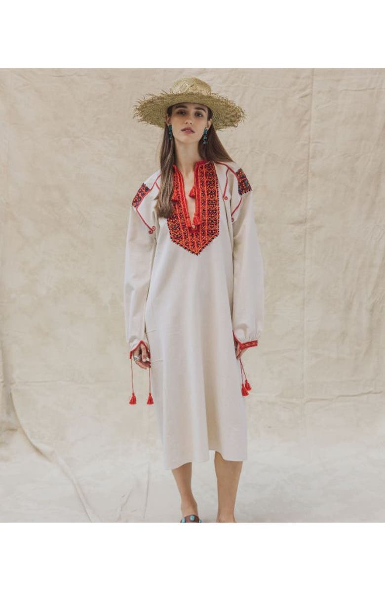 Fortela Afra Embroidered Cotton Caftan Dress, Alternate, color, Ecru