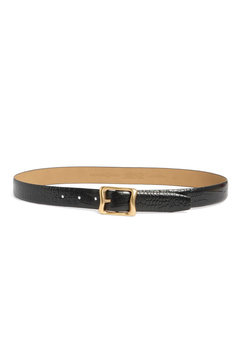 Tana Croc Embossed Leather Belt, Main, color, BLACK
