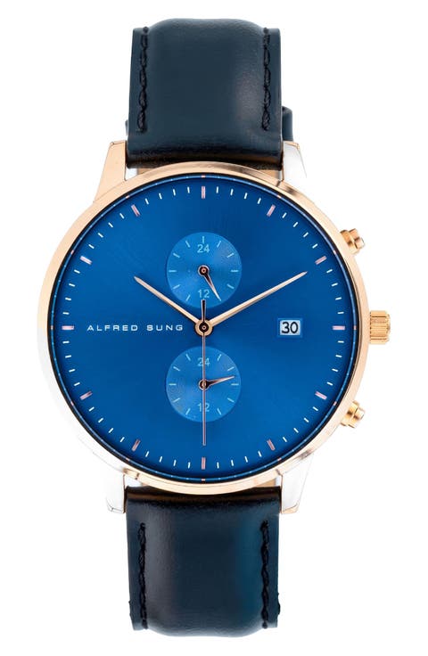 Dual Time Leather Strap Watch, 42mm