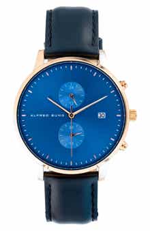 Alfred Sung Dual Time Leather Strap Watch, 42mm