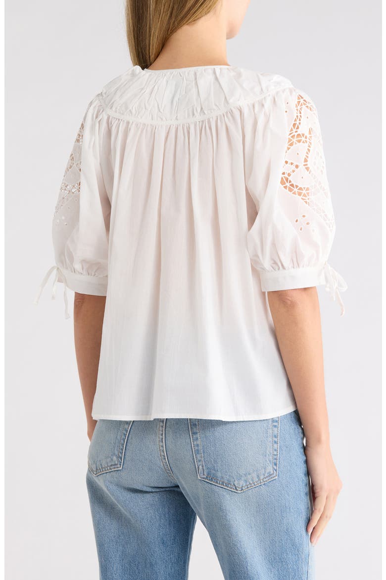 Eyelet Cotton Top with Tie Sleeves, Alternate, color, WHITE