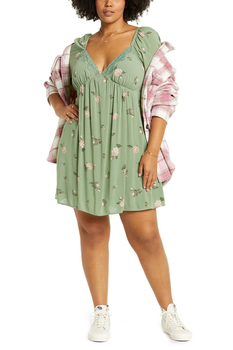 Lace Trim Long Sleeve Babydoll Dress, Alternate, color, GREEN ROSEBUD
