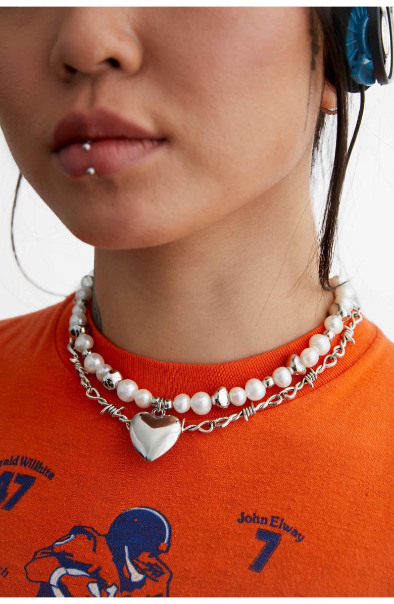 Velvet Luna Pearl Necklace With Steel Heart Charm, Alternate, color, White