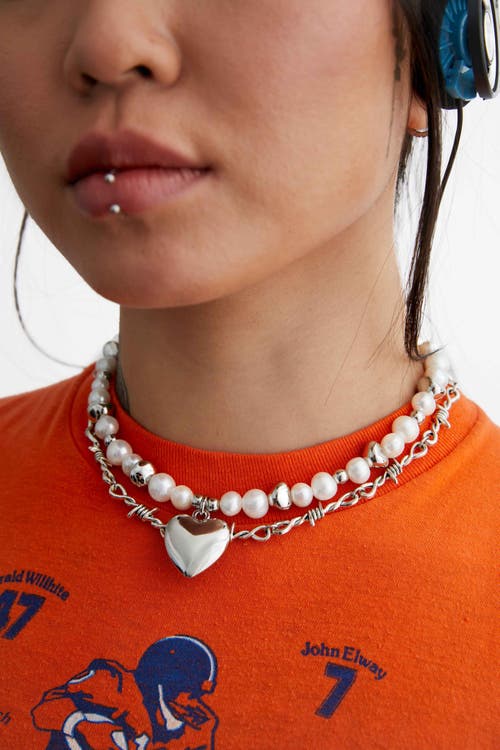 Velvet Luna Pearl Necklace With Steel Heart Charm In Metallic