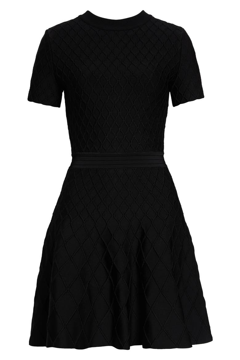 Diamond Jacquard Fit & Flare Mini Sweater Dress, Main, color, 0PA BLACK