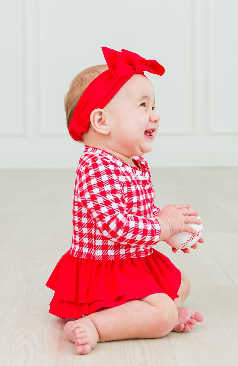 RuffleButts Gingham One-Piece Rashguard Swimsuit & Bow Head Wrap Set, Alternate, color, Red