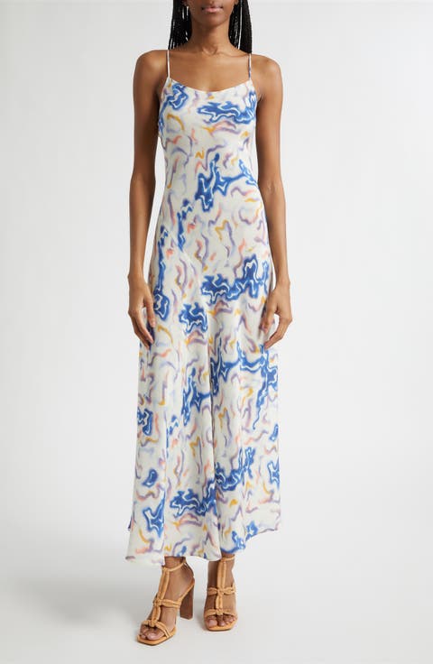 Thais Ikat Wave Print Silk Crêpe de Chine Slipdress