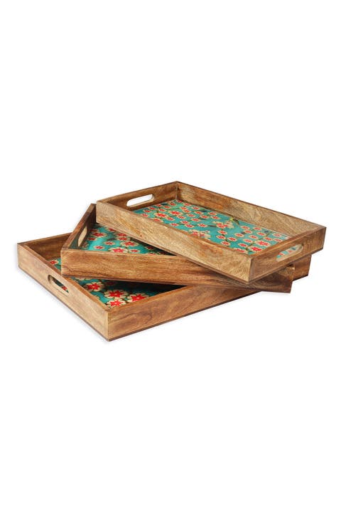 Rectangular Resin & Wood Decorative Tray Set
