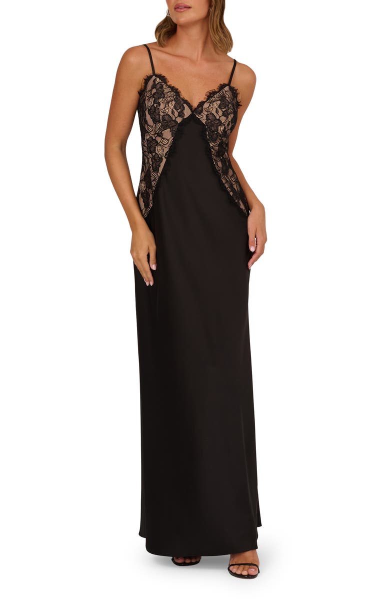 Adrianna Papell Lace Trim Satin Gown, Main, color, Black