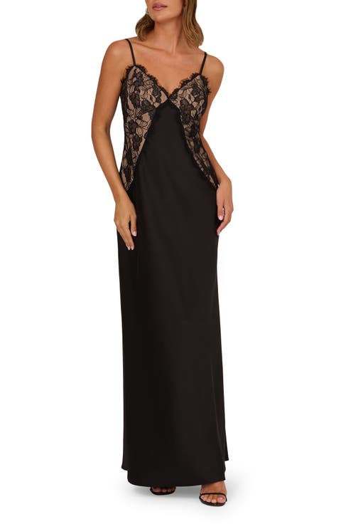 Lace Trim Satin Gown