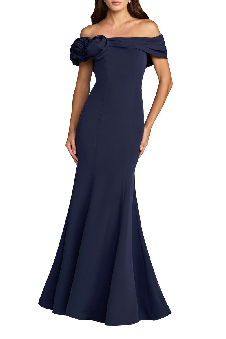 Off The Shoulder Crepe Mermaid Gown, Main, color, Navy