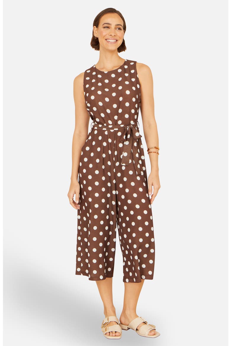 Polka Dot Culotte Jumpsuit, Alternate, color, Brown