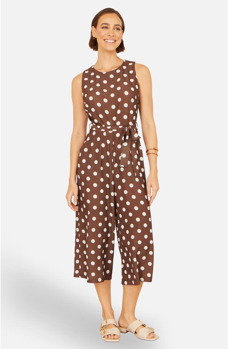 Yumi Polka Dot Culotte Jumpsuit, Alternate, color, Brown
