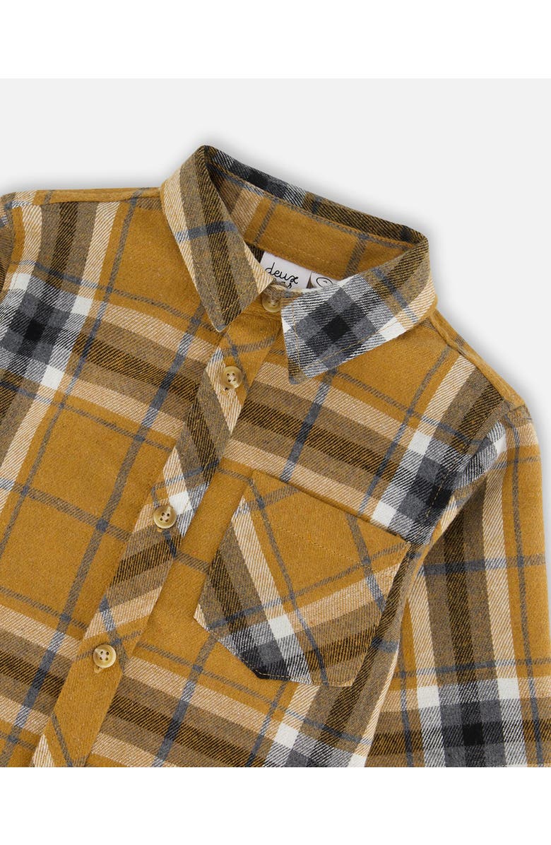 Deux par Deux Little Boy's Button Down Flannel Shirt With Pocket Plaid Golden Yellow And Gray, Alternate, color,