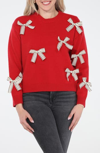Rain And Rose Bow Crewneck Sweater In Red