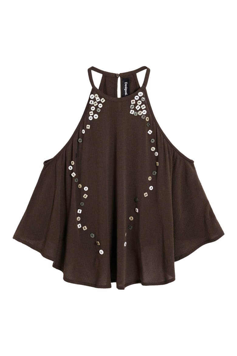 Button Trapeze Top, Alternate, color, BROWN