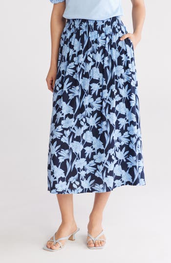 Caslon ® Floral Linen Blend Pull-on Skirt In Navy Blazer- Blue Phoenix
