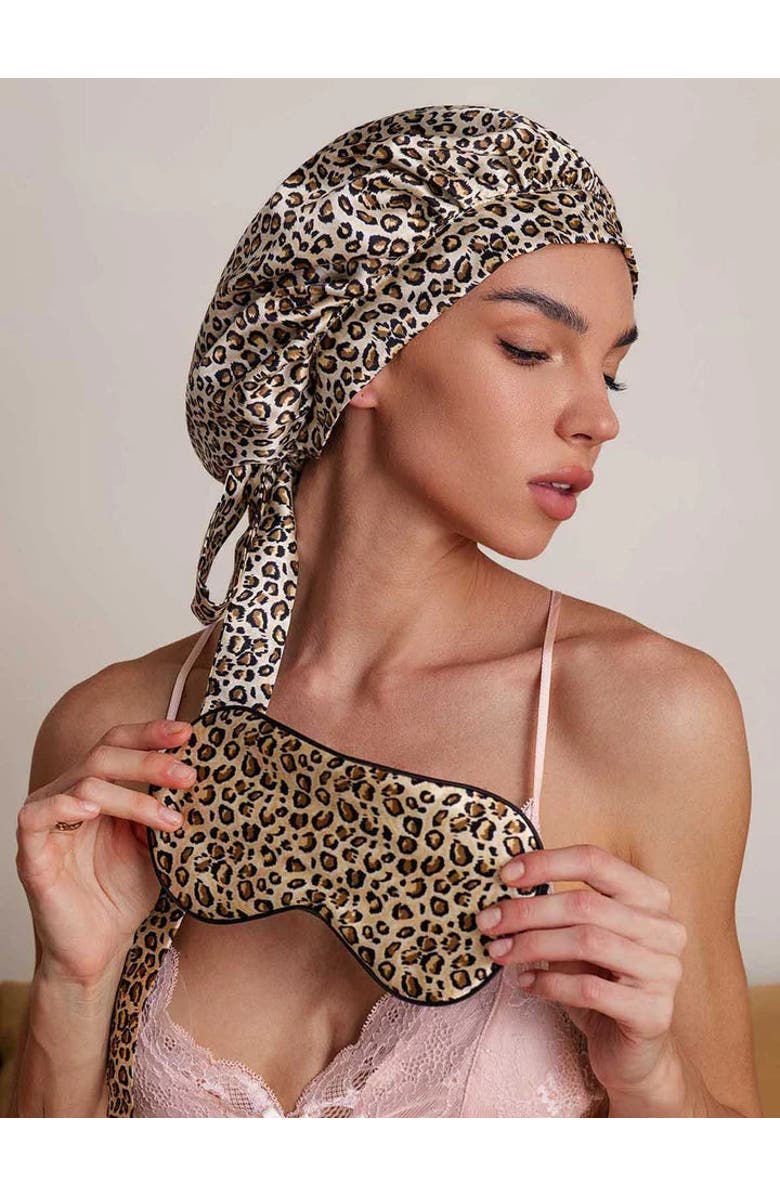 SILKSILKY Pure Silk Bonnet+Eye Mask Set, Main, color, Leopard