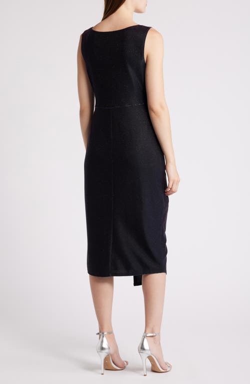 Connected Apparel Metallic Sleeveless Faux Wrap Dress In Blue