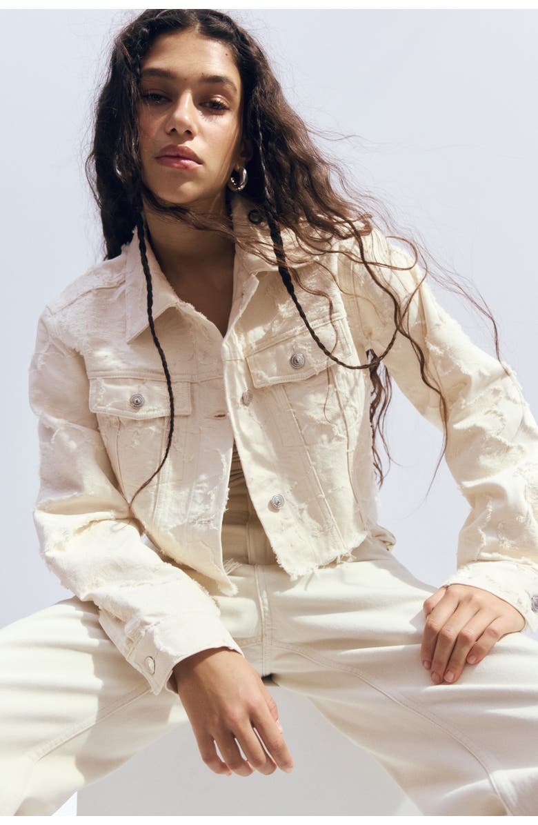 H&M Cropped Twill Jacket, Main, color, Cream