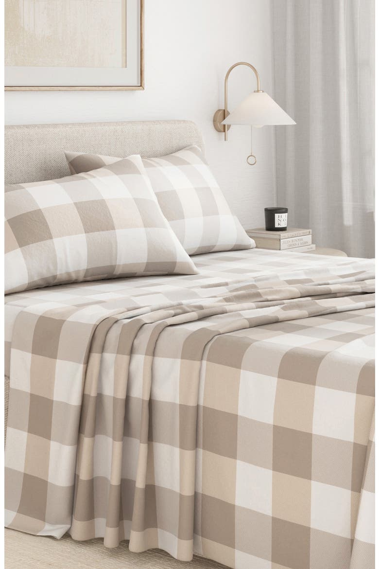 Turkish Cotton Flannel Plaid Sheet Set, Alternate, color, SOFT TAUPE / PALE GREY