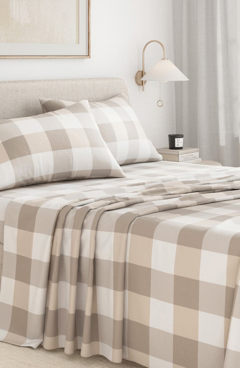 Woven & Weft Turkish Cotton Flannel Plaid Sheet Set, Alternate, color, Soft Taupe / Pale Grey