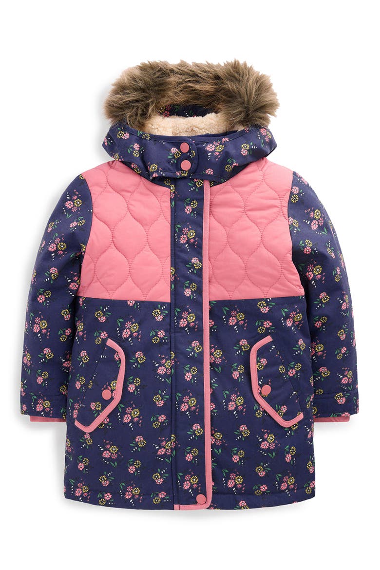 Kids' Joni Faux Fur Trim Quilted Parka, Main, color, NAVY FLORAL