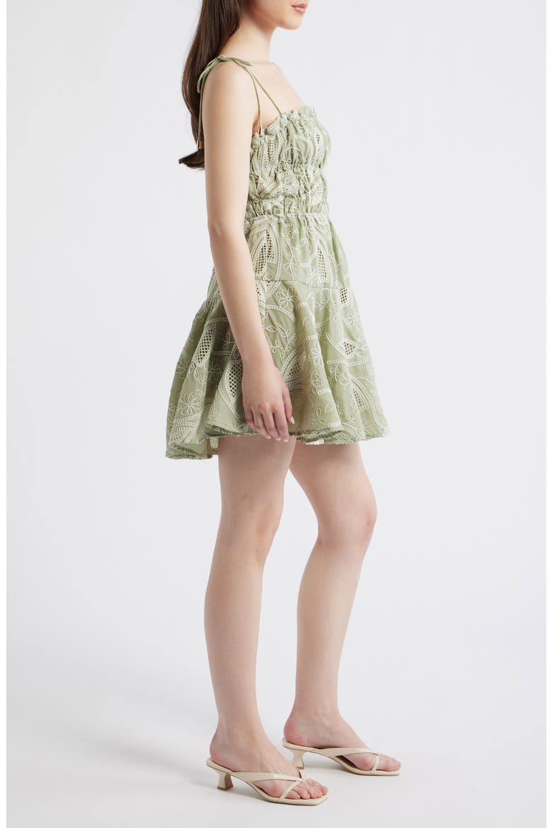 Embroidered Shirred Fit & Flare Minidress, Alternate, color, OLIVE