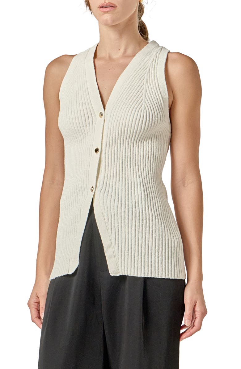 English Factory Rib Knit Button-Up Vest, Alternate, color, Off White