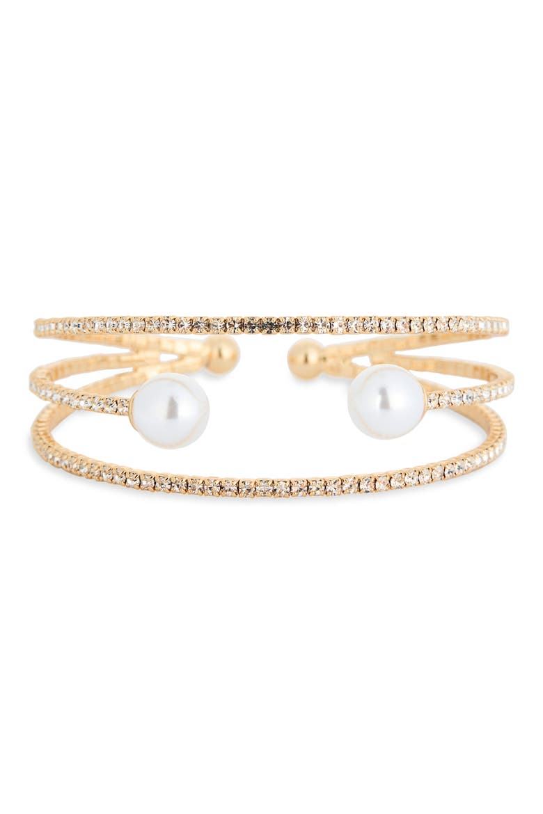 Faux Pearl & Crystal Caged Cuff Bracelet, Main, color, CLEAR- WHITE- GOLD