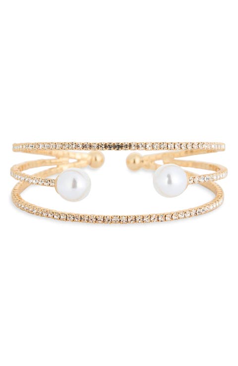 Faux Pearl & Crystal Caged Cuff Bracelet