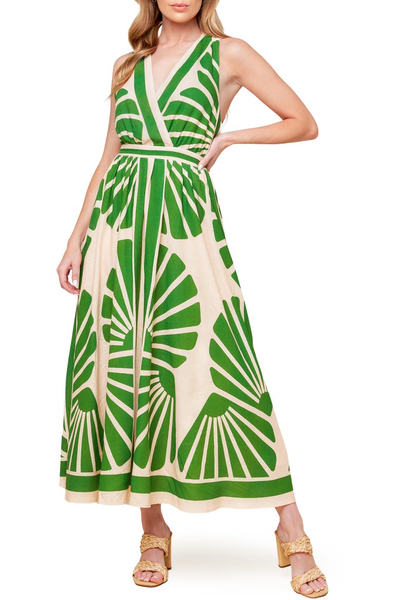 Botanical Print Open Back Maxi Dress, Main, color, TAUPE/ GREEN
