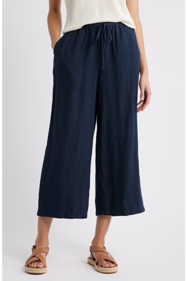 Wide Leg Crop Linen Pants, Main, color, NAVY STILL